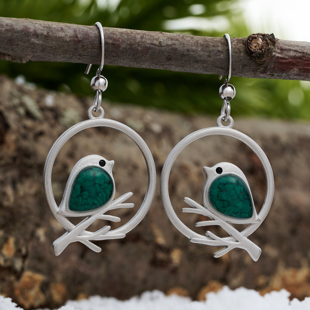 Green Glass Birdie Branch Earrings