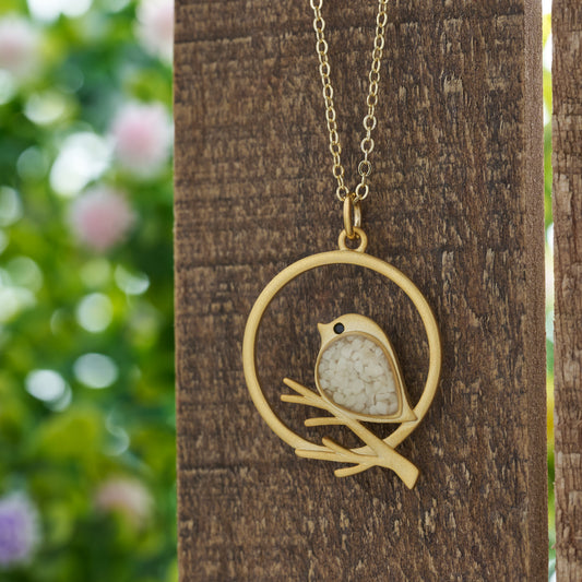 Gold Cream Glass Birdie Branch Necklace