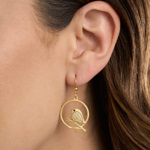 Gold Cream Glass Birdie Branch Earrings