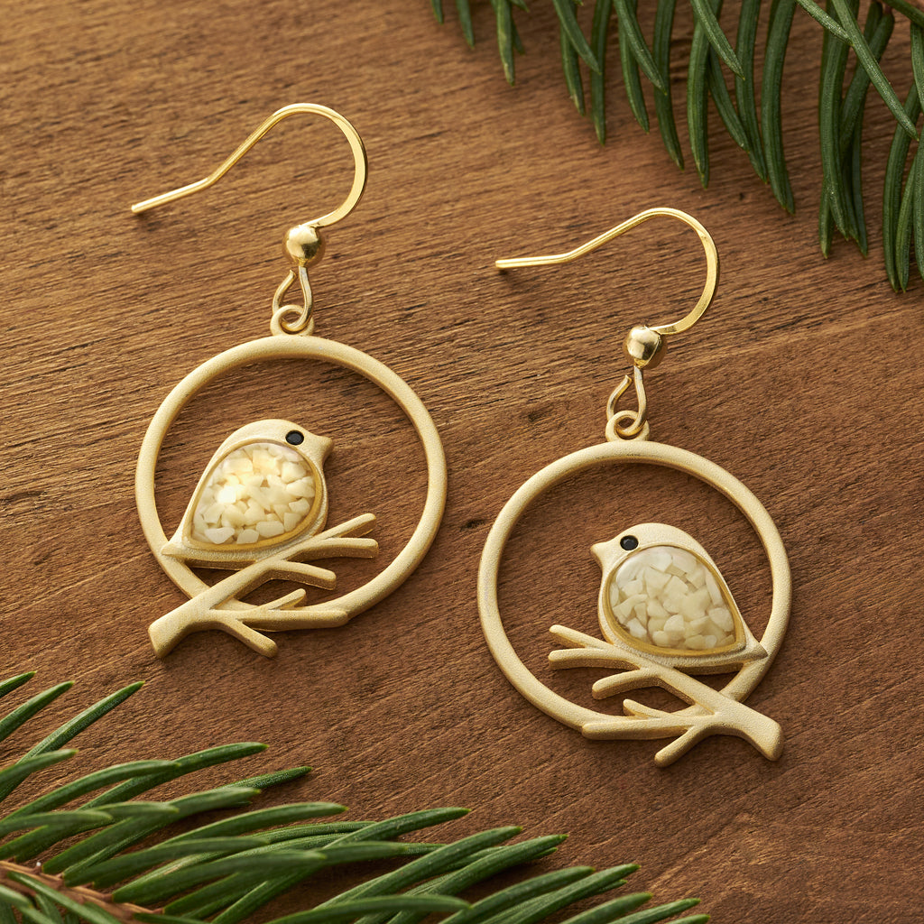 Gold Cream Glass Birdie Branch Earrings