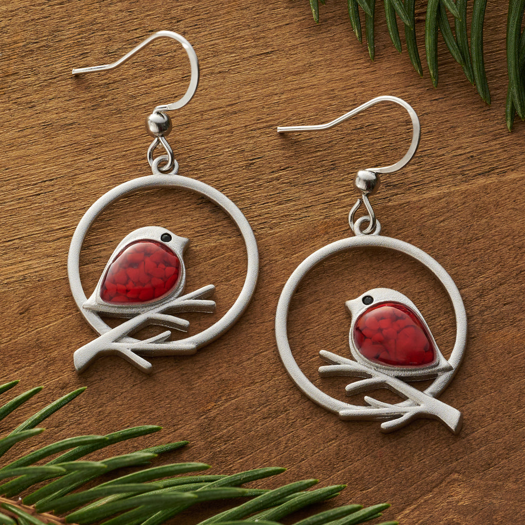 Red Glass Birdie Branch Earrings