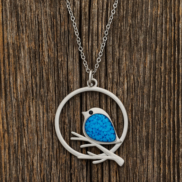 Blue Glass Birdie Branch Necklace