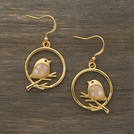 Gold Mother of Pearl Birdie Branch Earrings