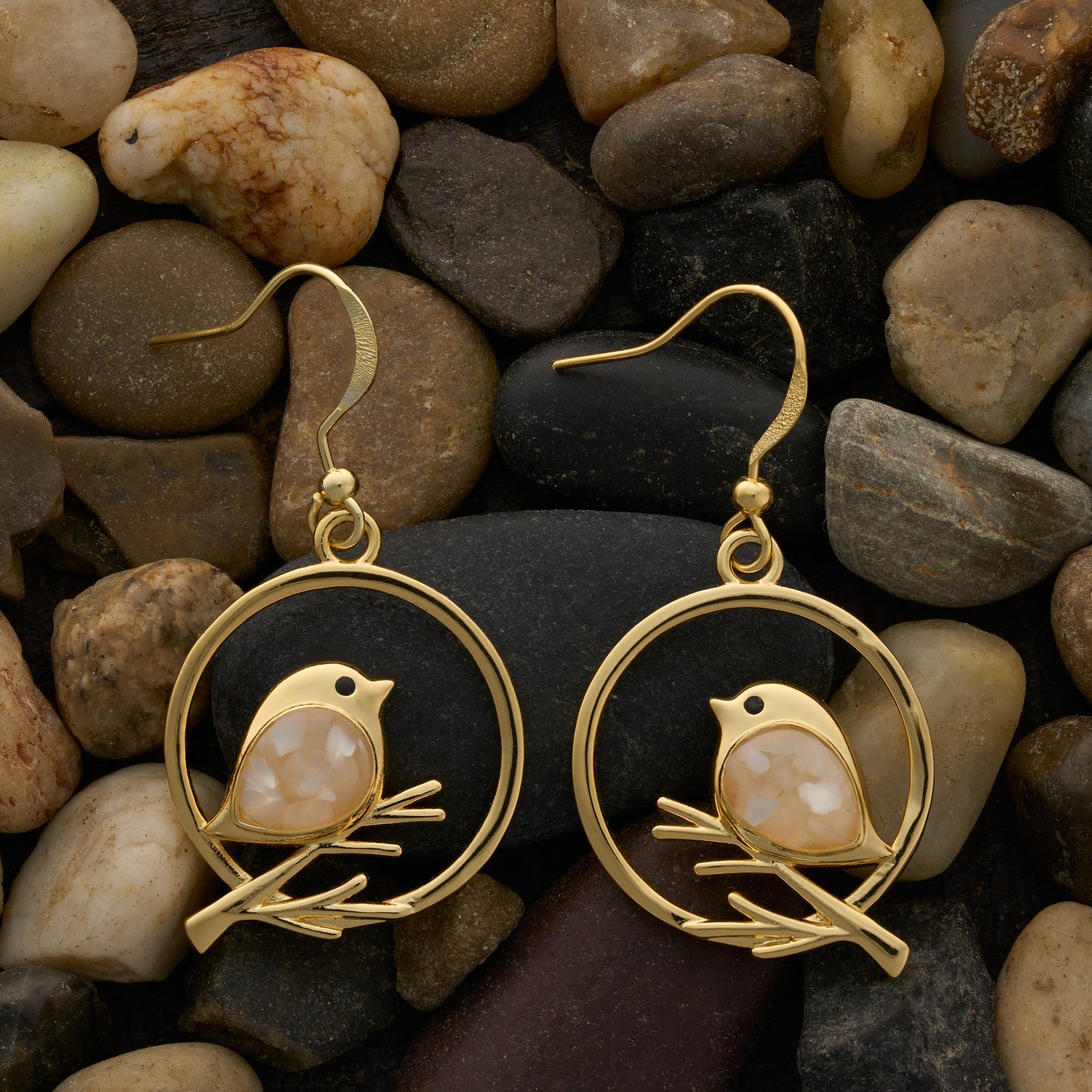 Gold Mother of Pearl Birdie Branch Earrings