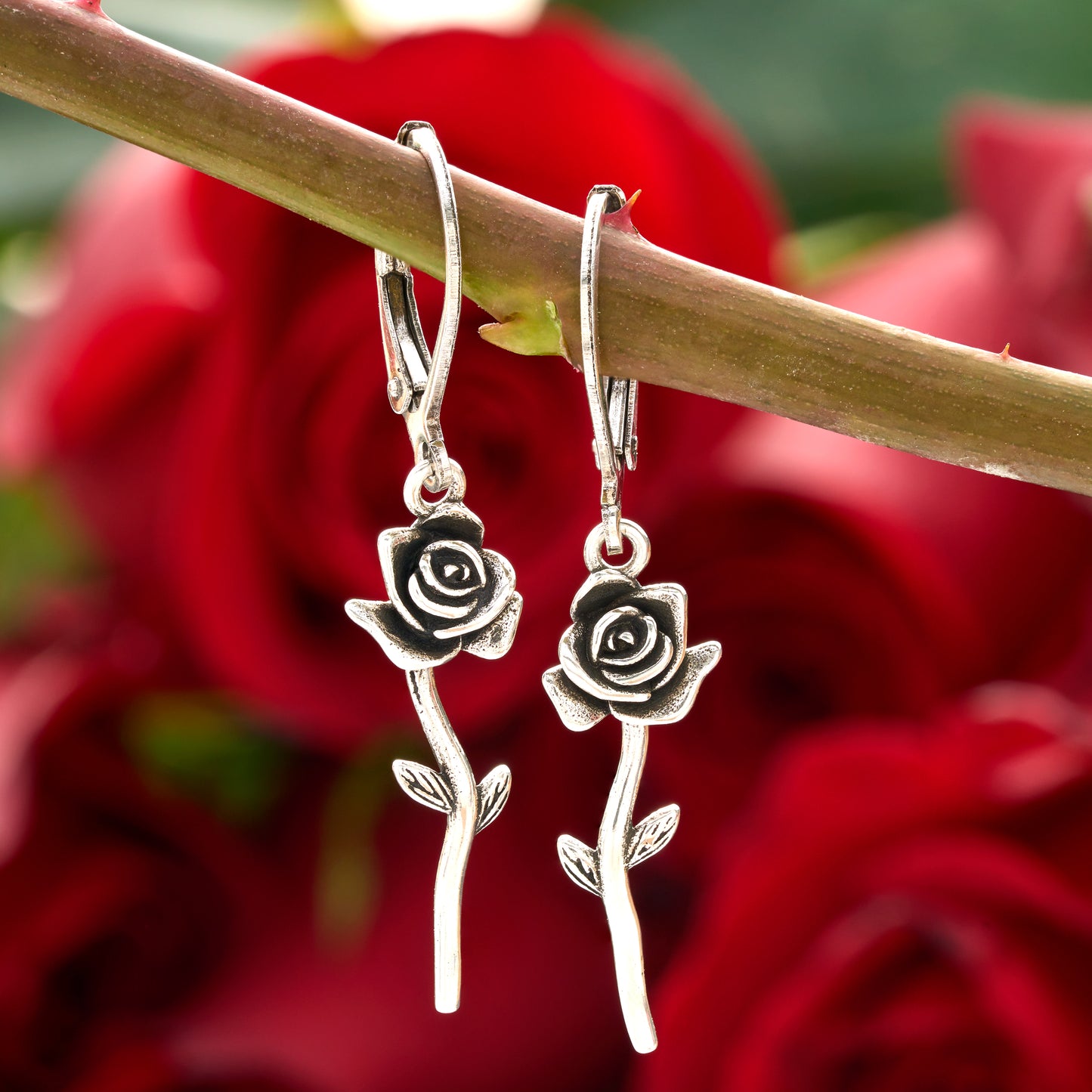 Leverback Dangling Rose Earrings