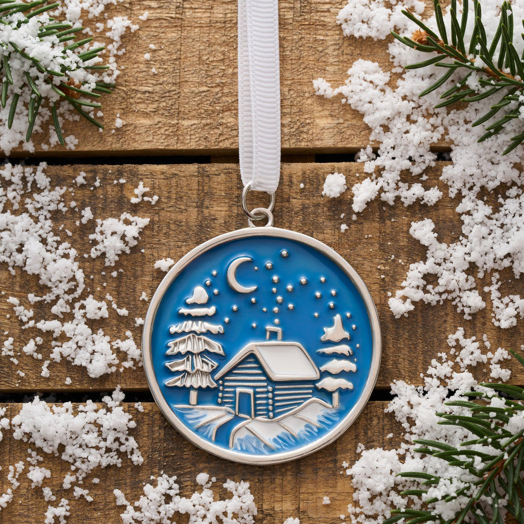 Snowy Forest Log Cabin Ornament