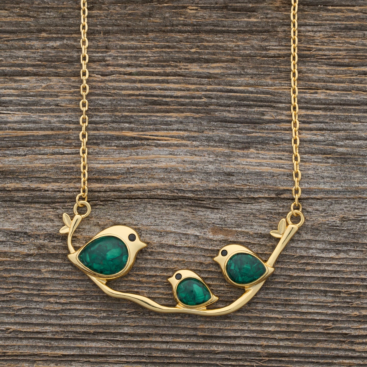 Gold Triple Malachite Birdie Branch Necklace