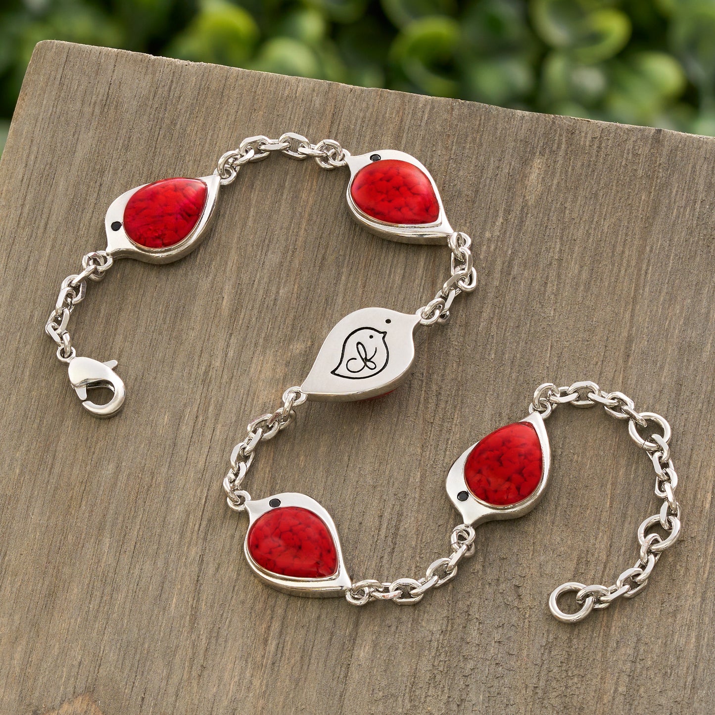 Red Glass Birdie Charm Bracelet