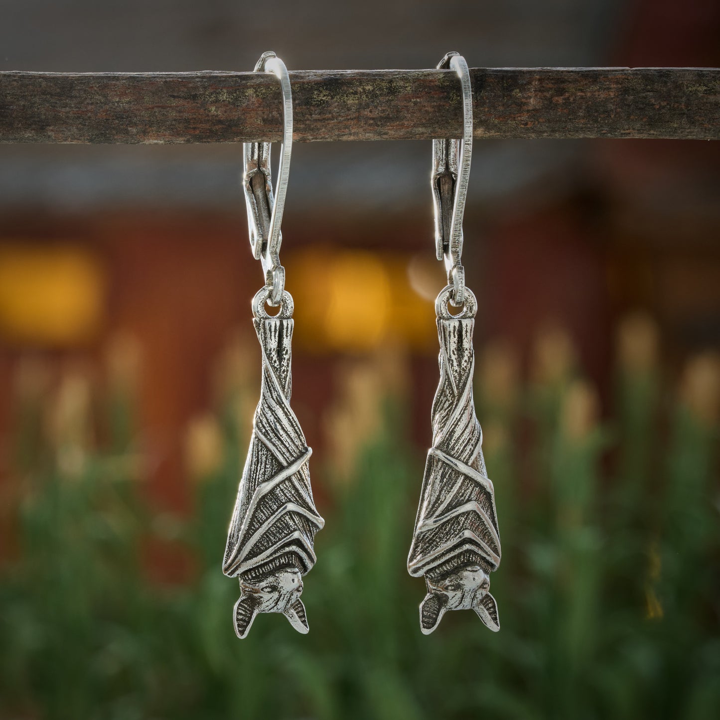 Vintage Sterling Silver Hanging Bat Leverback Earrings