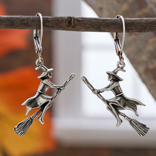 Leverback Vintage Flying Witch Earrings