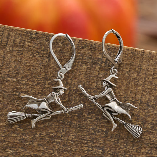Leverback Vintage Flying Witch Earrings