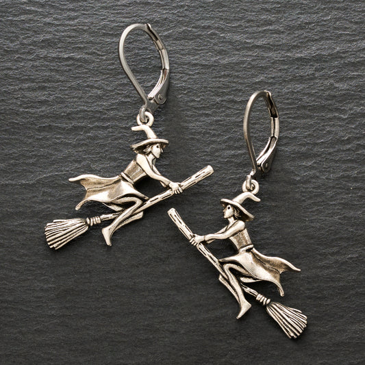 Leverback Vintage Flying Witch Earrings