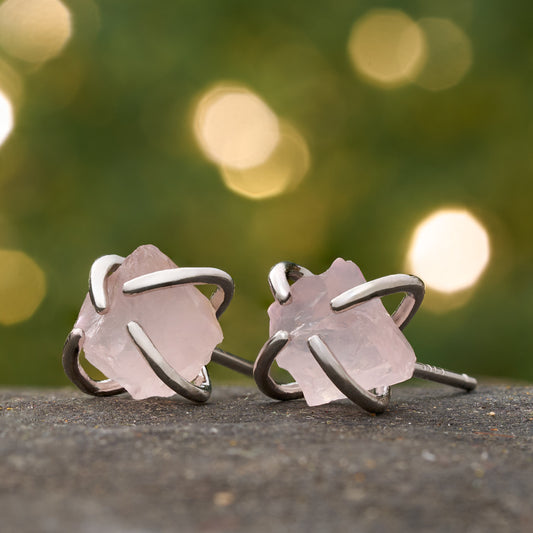 Sterling Silver Rose Quartz Raw Gemstone Studs