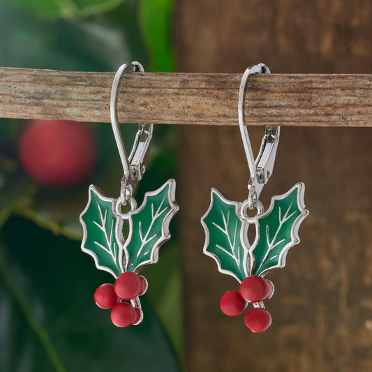 Leverback Enamel Holly Berry Earrings