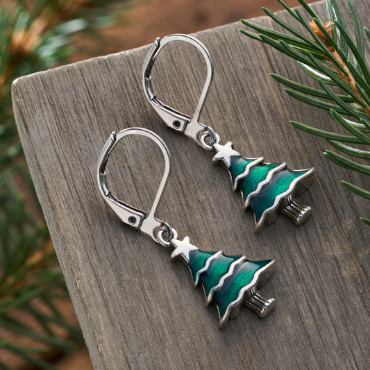 Leverback Enamel Christmas Tree Earrings