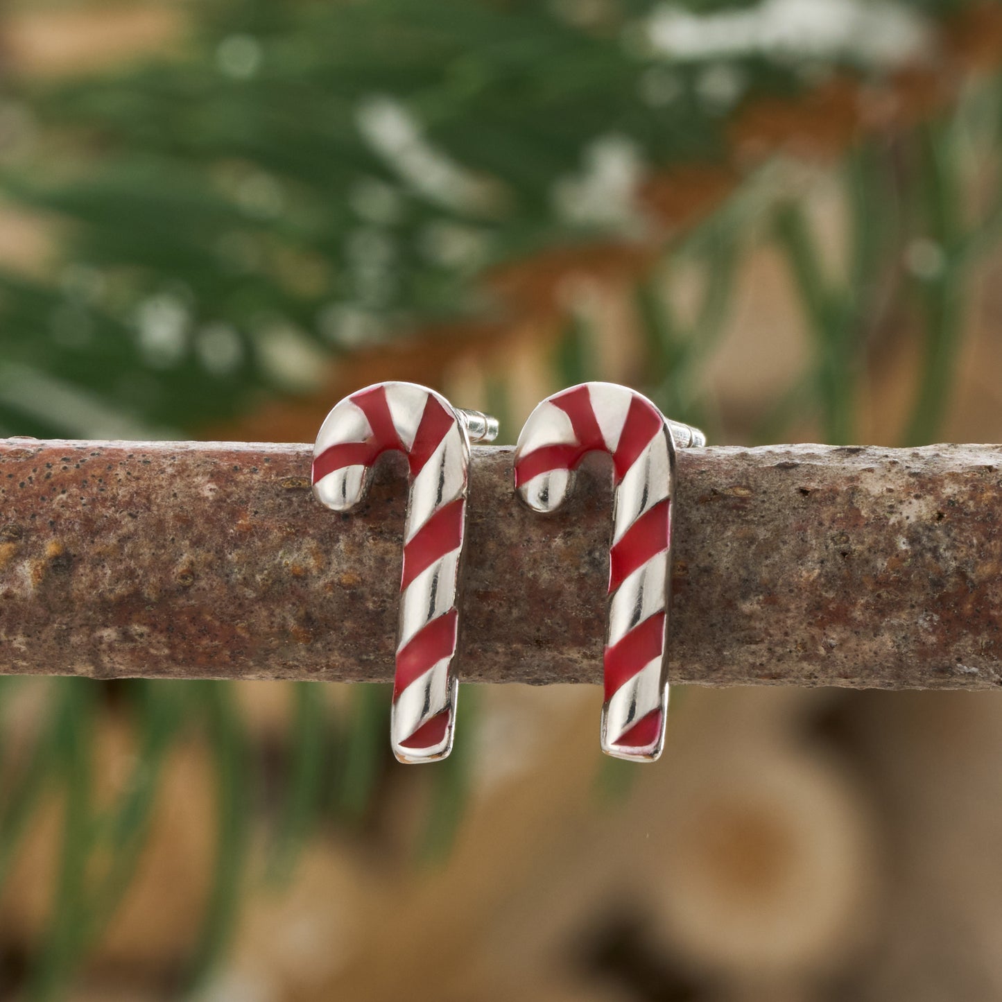 Sterling Silver Enamel Candy Cane Studs
