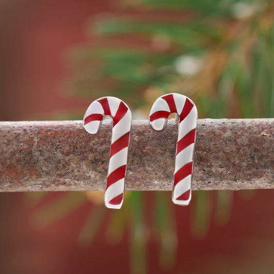 Sterling Silver Enamel Candy Cane Studs