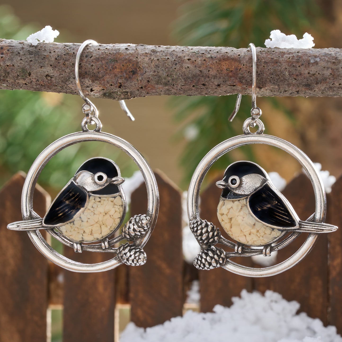 Chickadee Pine Branch Gift Set with French Hooks