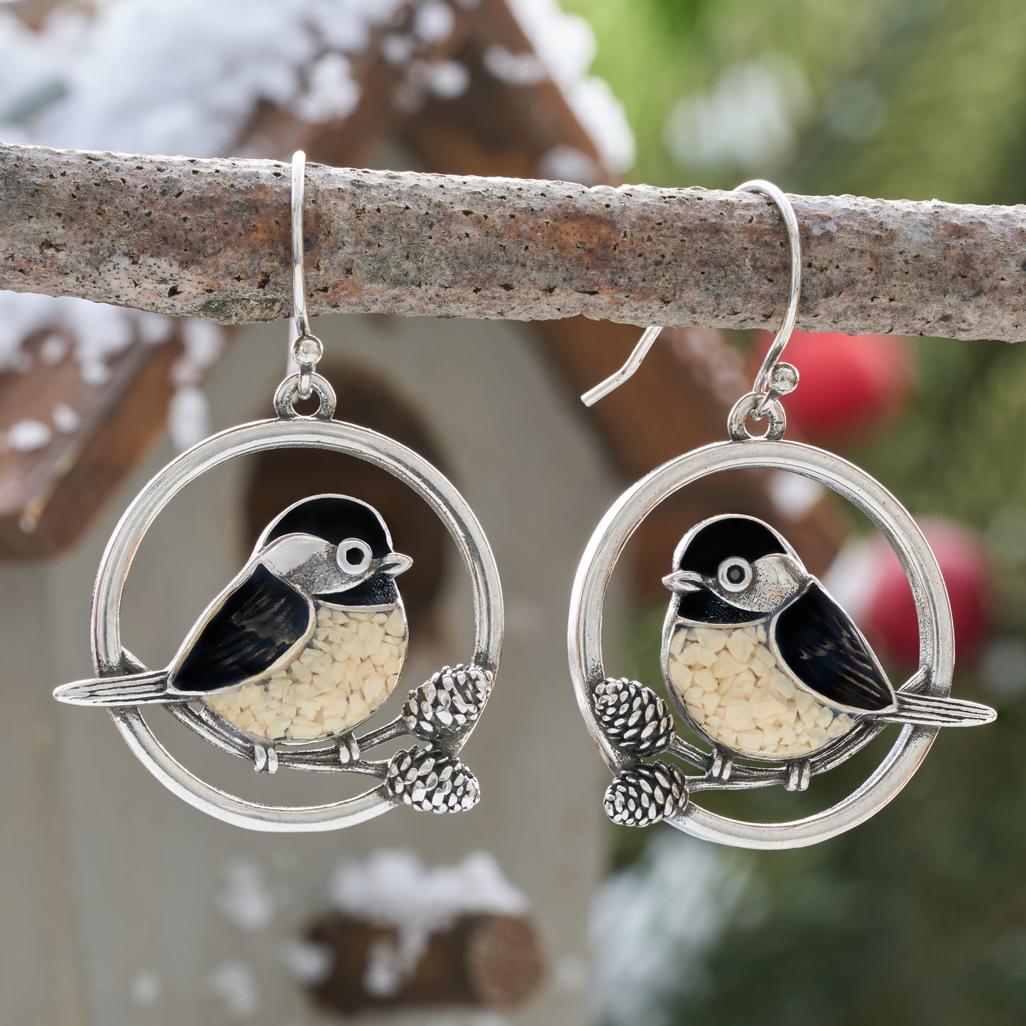 Chickadee Pine Branch Gift Set with French Hooks