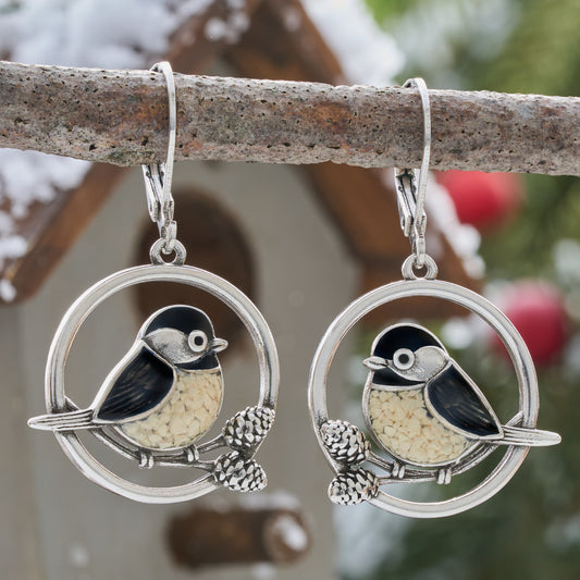 Leverback Chickadee Pine Branch Earrings