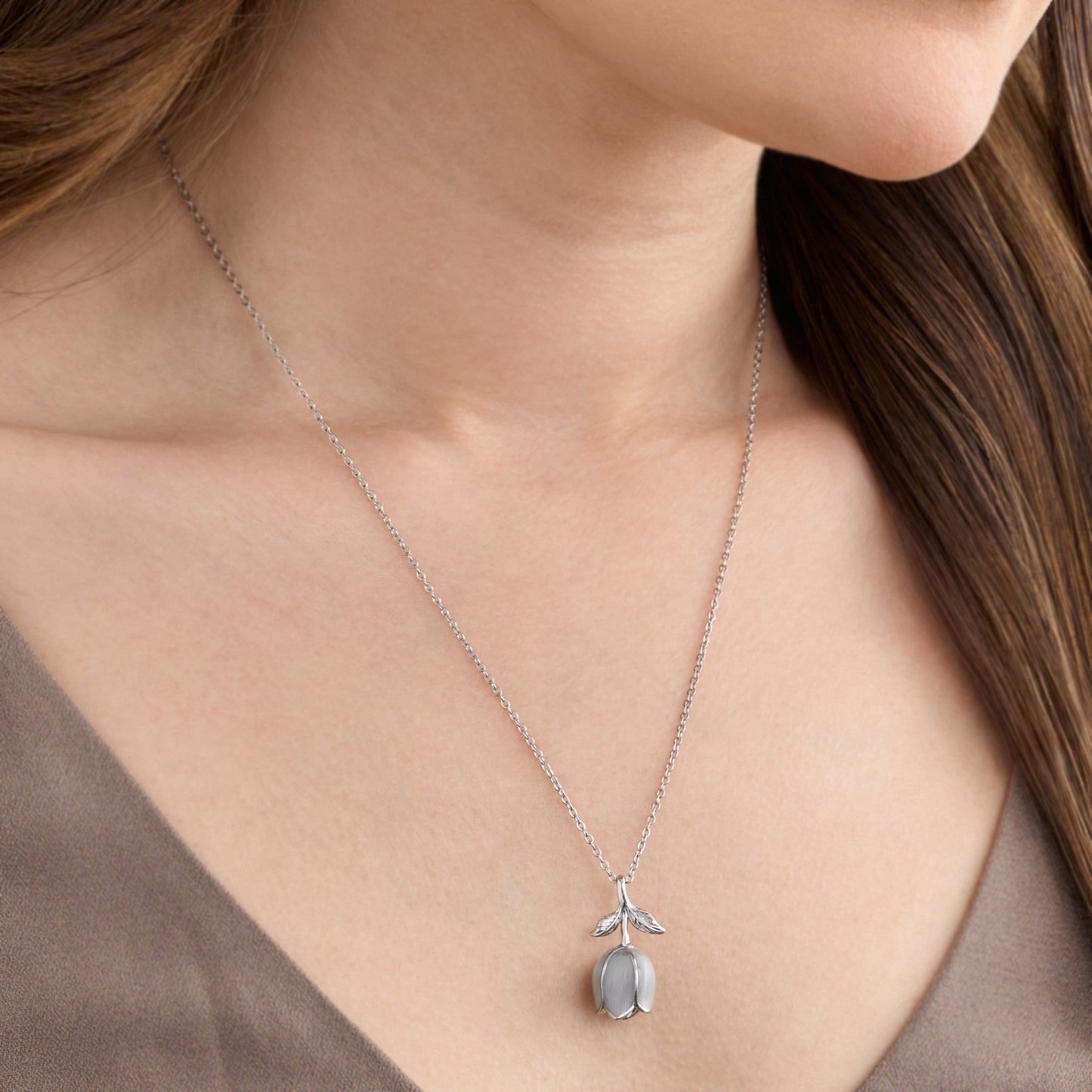Hand-Painted Soft Gray Tulip Necklace