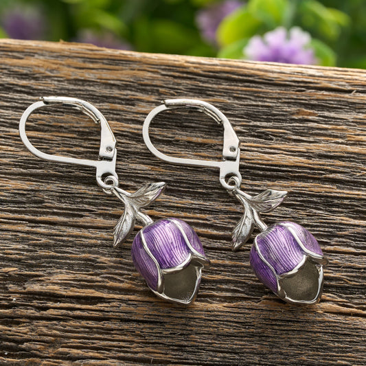 Hand-Painted Purple Tulip Leverback Earrings