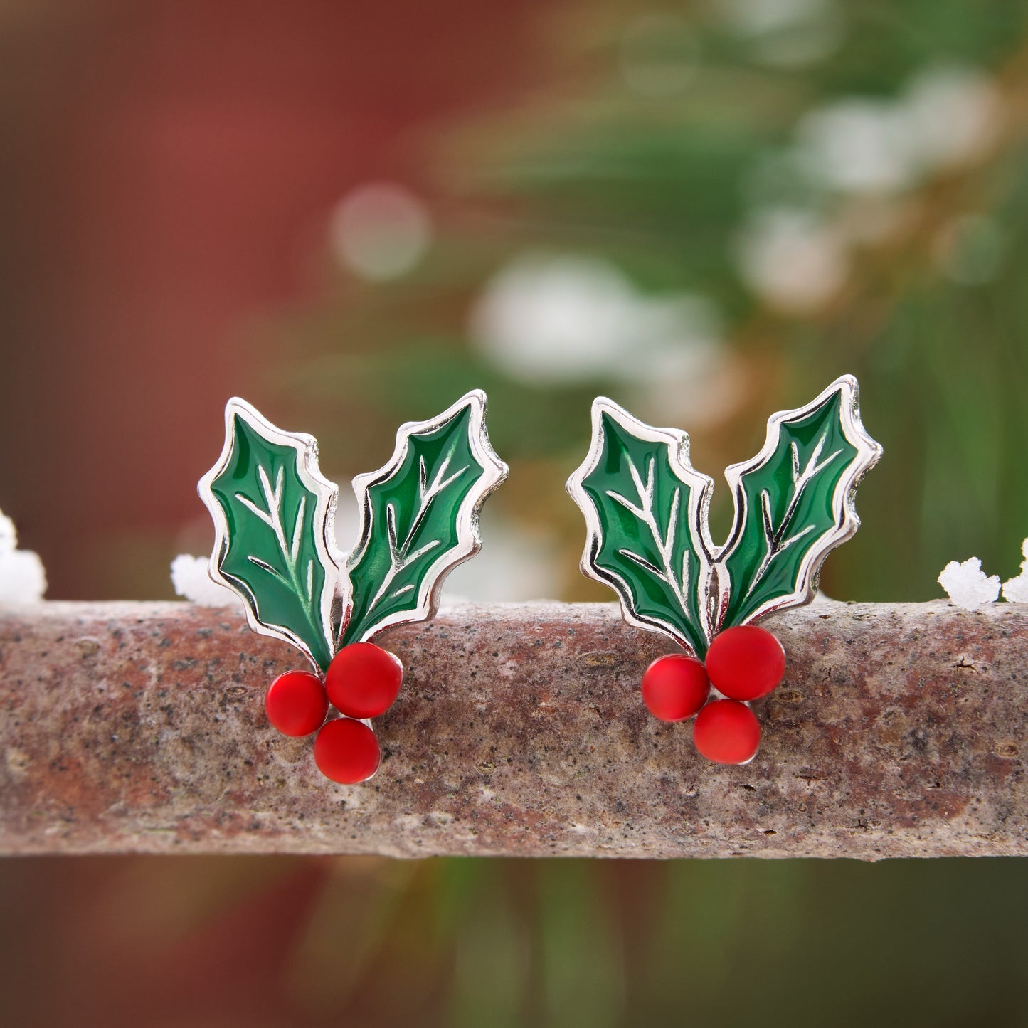 Sterling Silver Enamel Holly Berry Studs