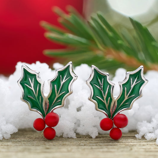 Sterling Silver Enamel Holly Berry Studs