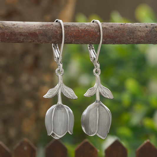 Hand-Painted Soft Gray Tulip Leverback Earrings