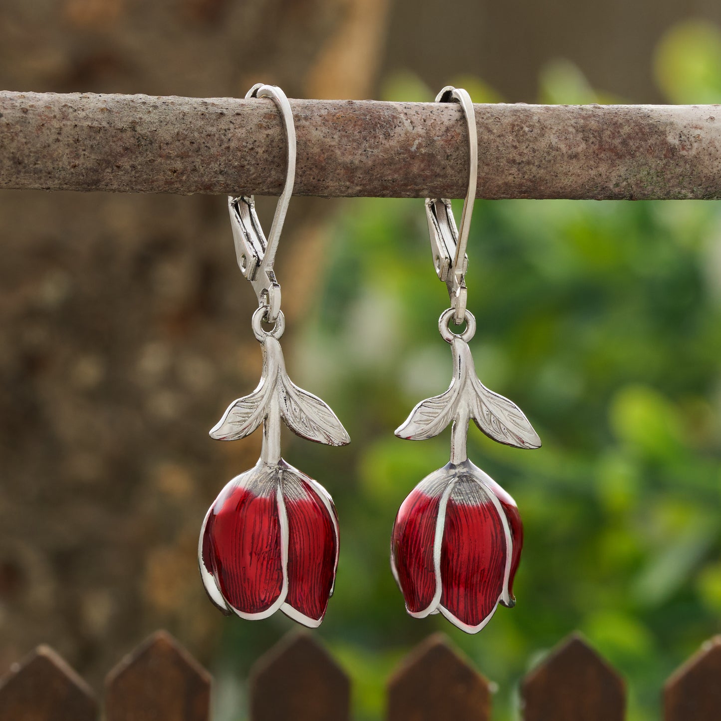 Hand-Painted Red Tulip Leverback Earrings