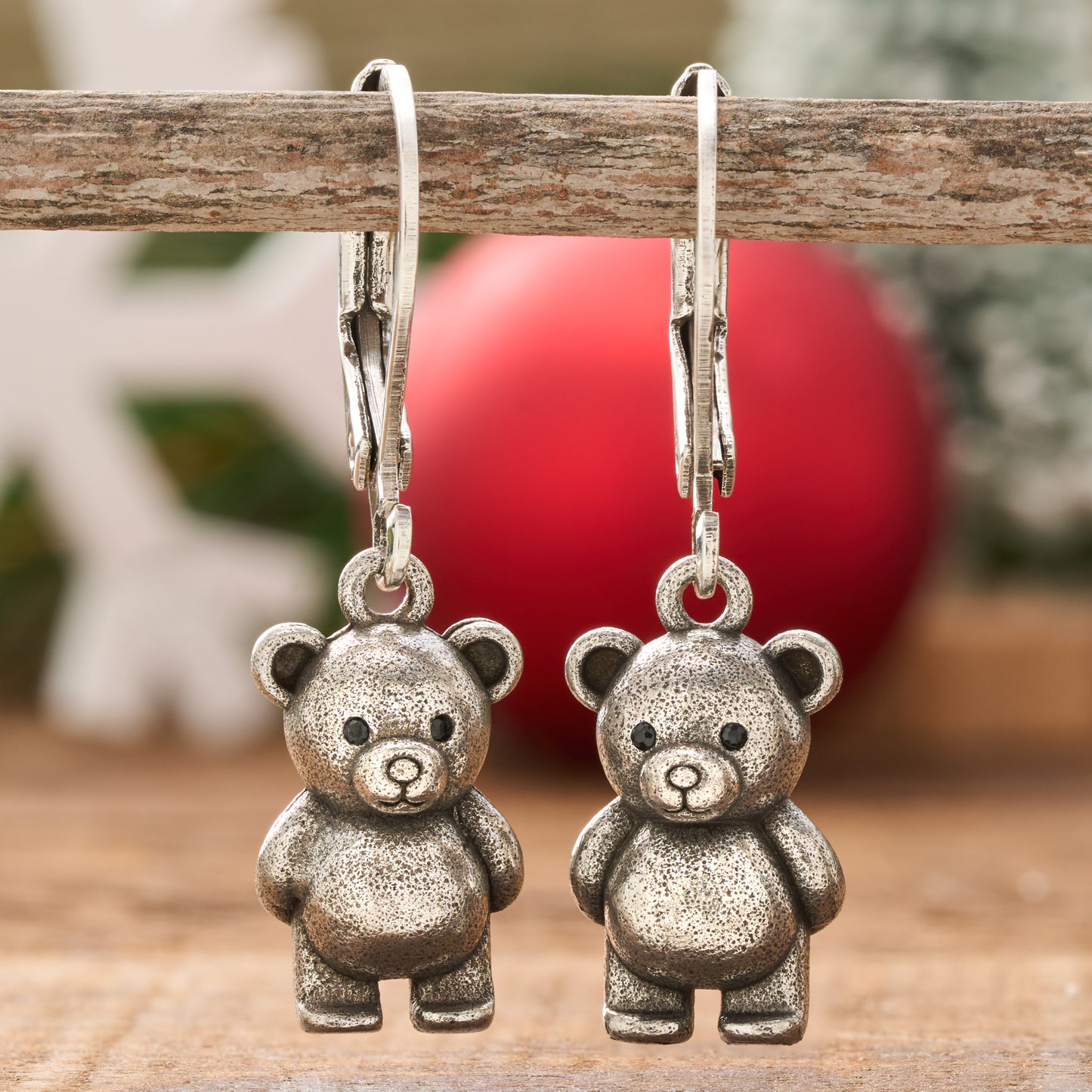 Leverback Vintage Teddy Bear with a Rose Earrings