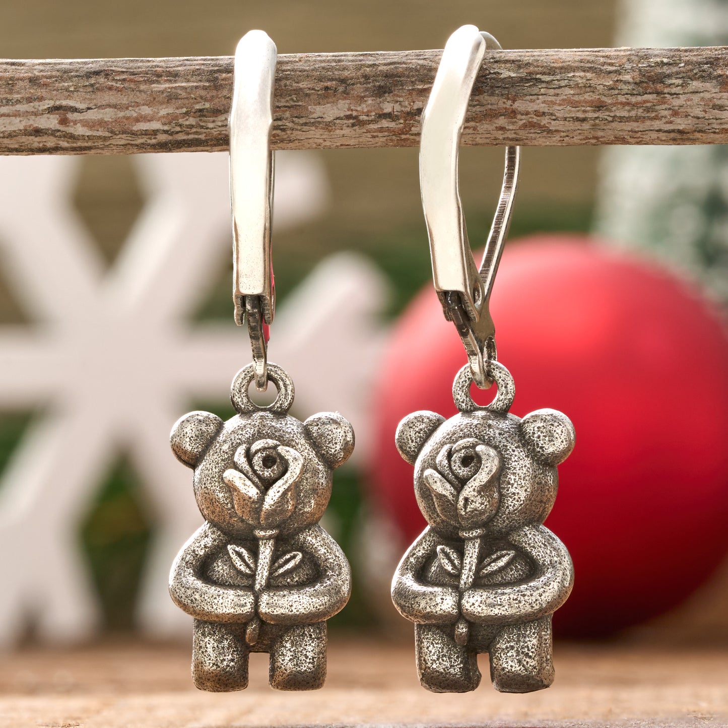 Leverback Vintage Teddy Bear with a Rose Earrings