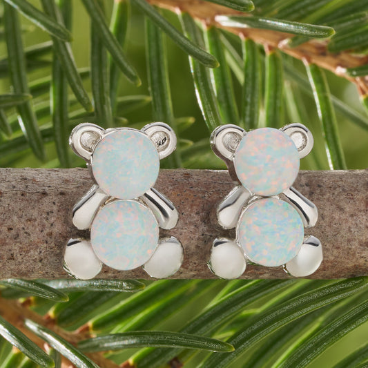 White Opal Teddy Bear Studs