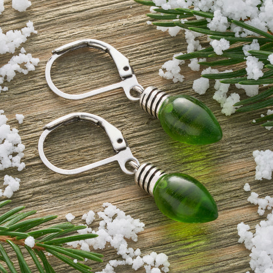 Leverback Green Christmas Light Earrings