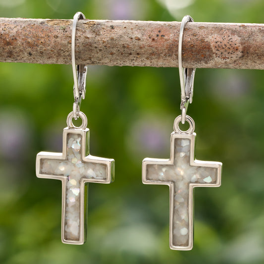 Mother of Pearl Cross Leverback Earrings