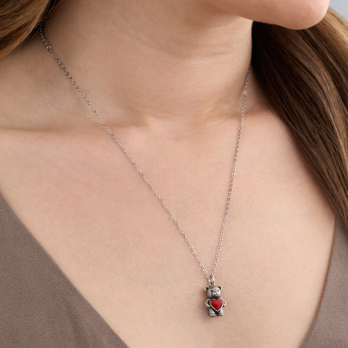 Dainty 3D Teddy Bear with Red Glass Heart Necklace