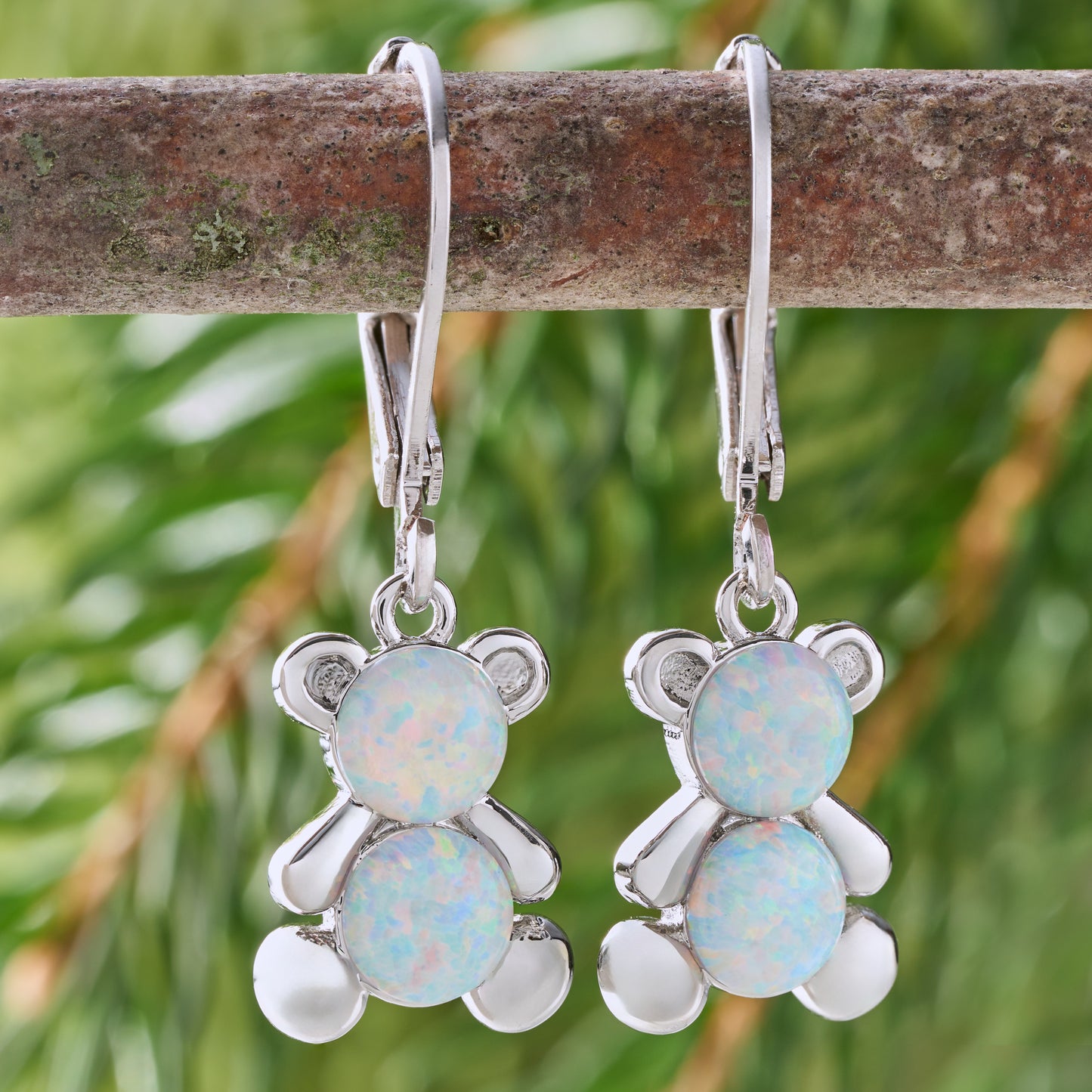 Leverback White Opal Teddy Bear Earrings