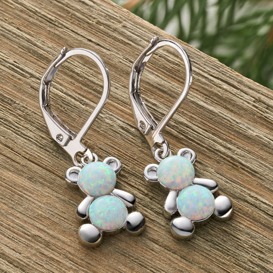 Leverback White Opal Teddy Bear Earrings