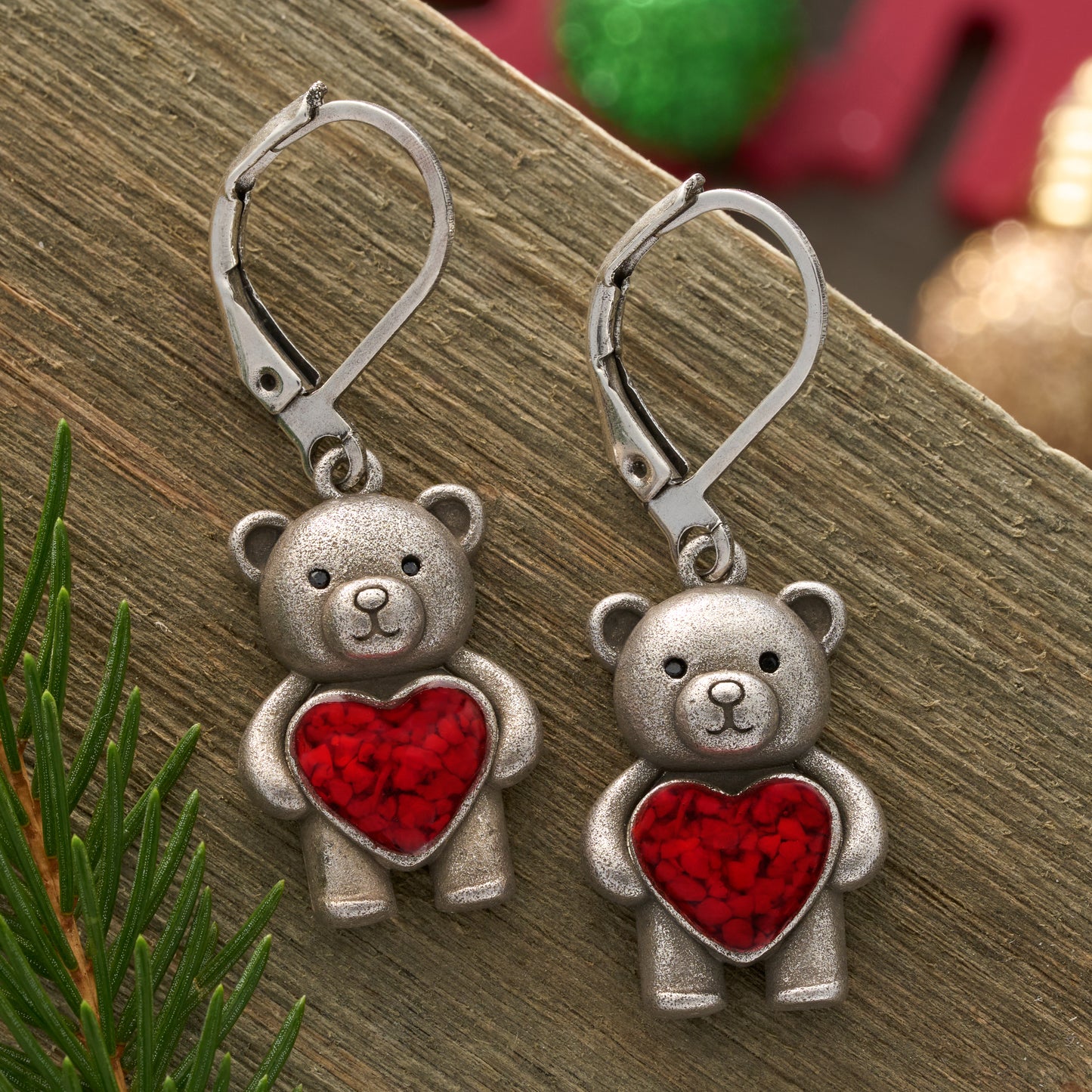 Leverback Teddy Bear with Red Glass Heart Earrings