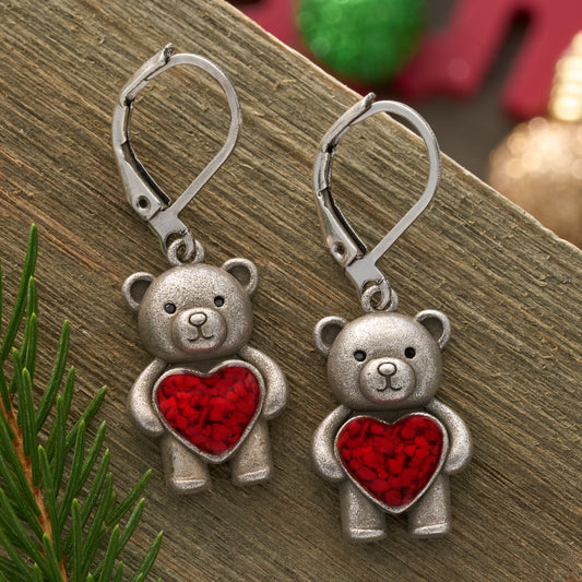 Leverback Teddy Bear with Red Glass Heart Earrings