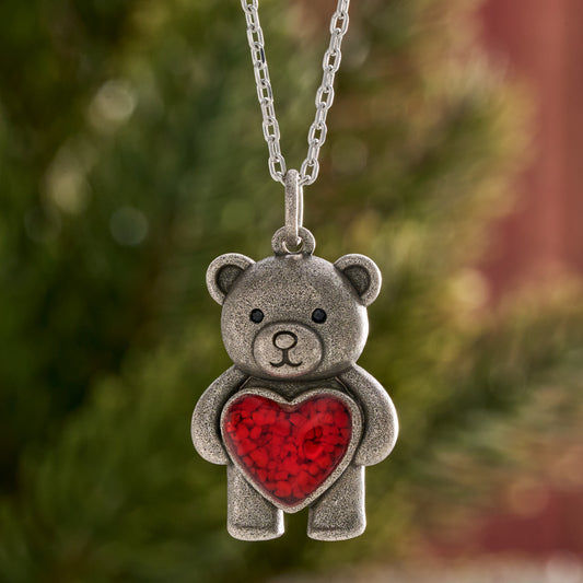 Teddy Bear with Red Glass Heart Necklace