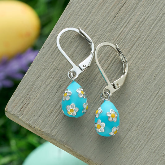 Blue Daisy Easter Egg Leverback Earrings