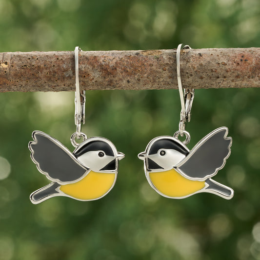Leverback Flying Enamel Chickadee Earrings