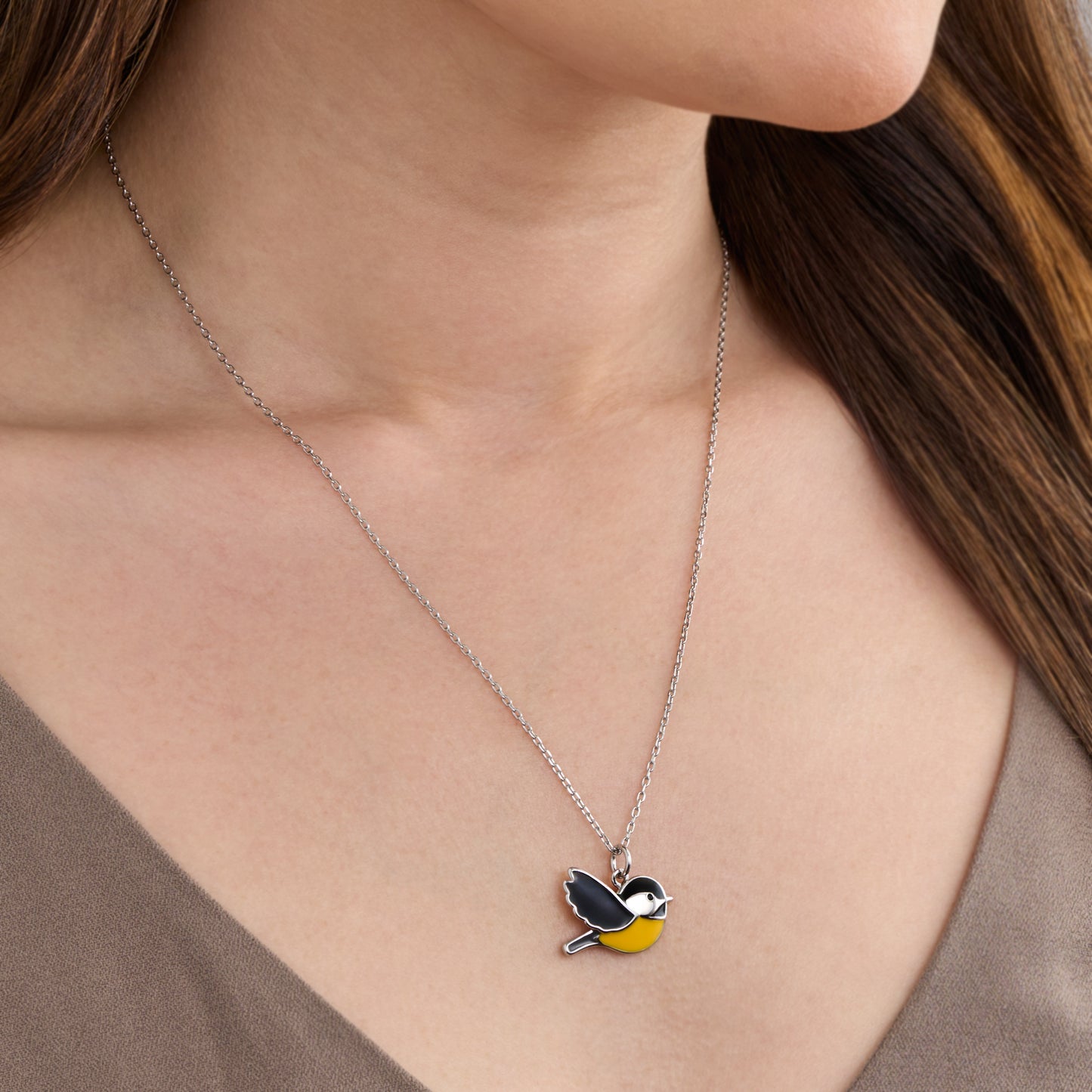 Flying Enamel Chickadee Necklace