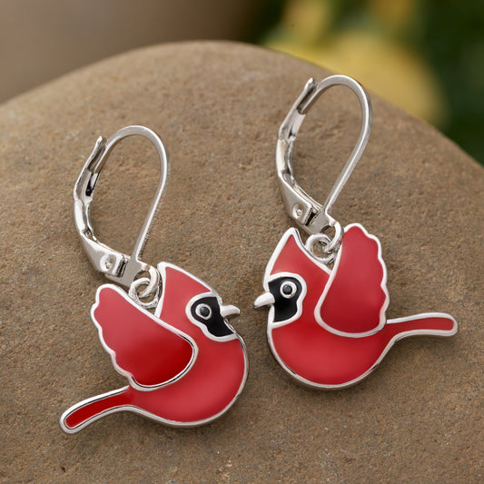 Leverback Flying Enamel Cardinal Earrings