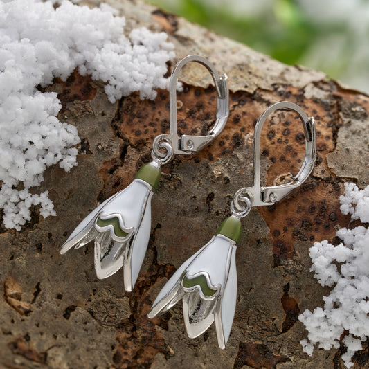 Leverback Enamel Snowdrop Flower Earrings