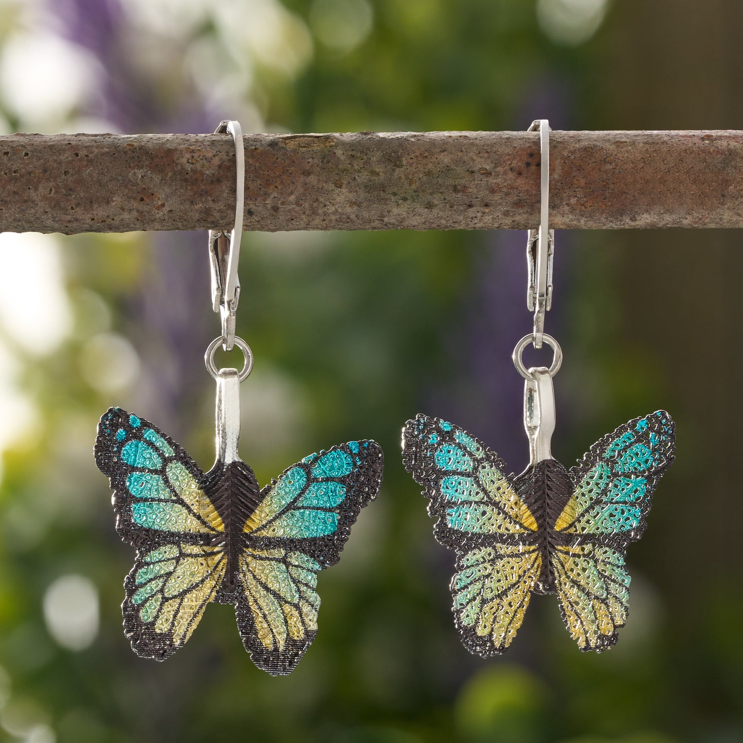Leaf Vein Blue and Yellow Butterfly Leverback Earrings