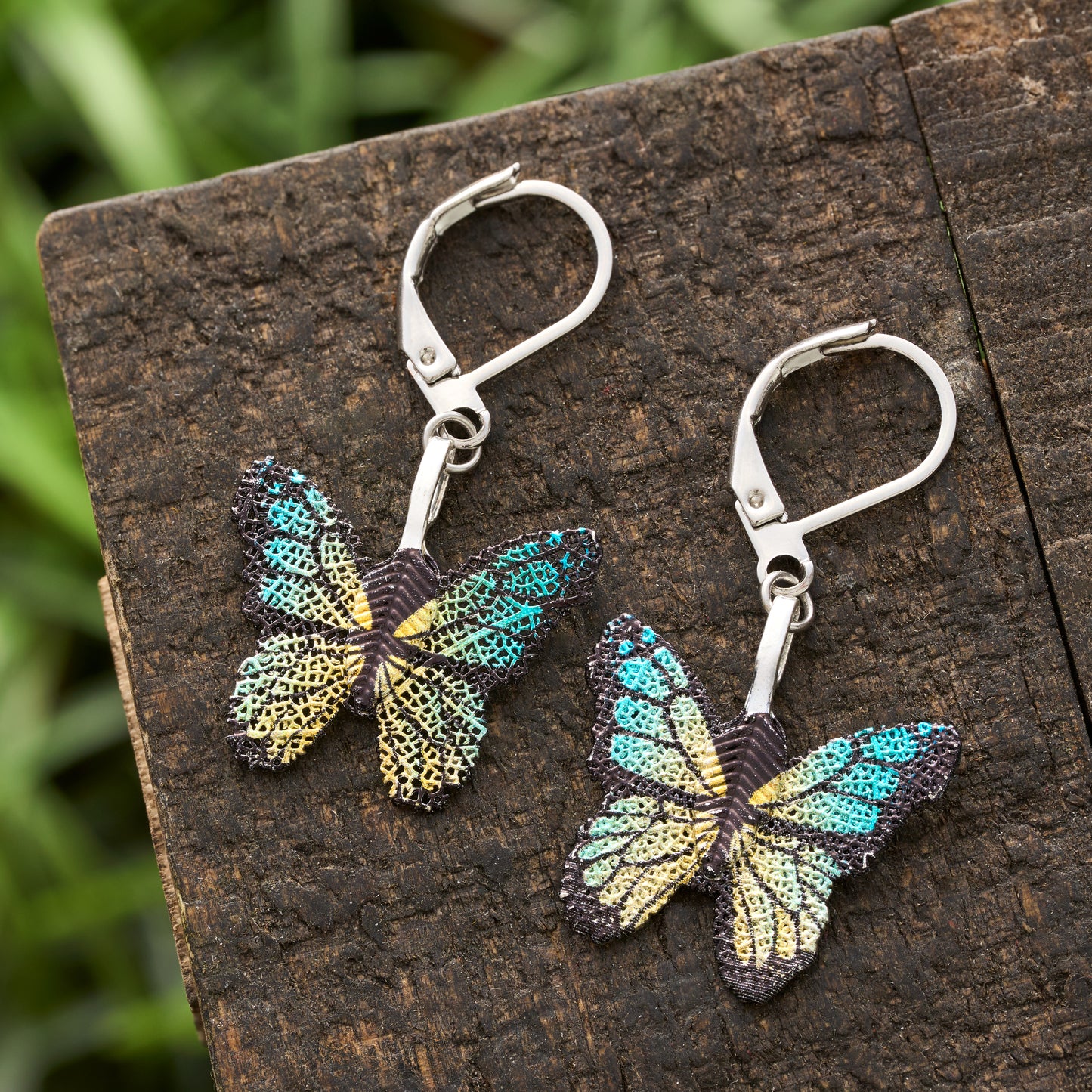 Leaf Vein Blue and Yellow Butterfly Leverback Earrings