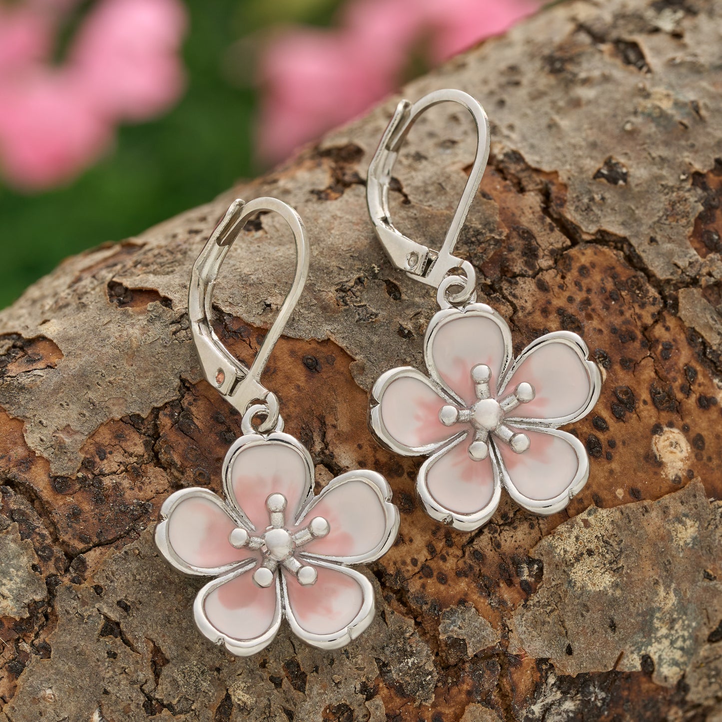 Enamel Cherry Blossom Leverback Earrings