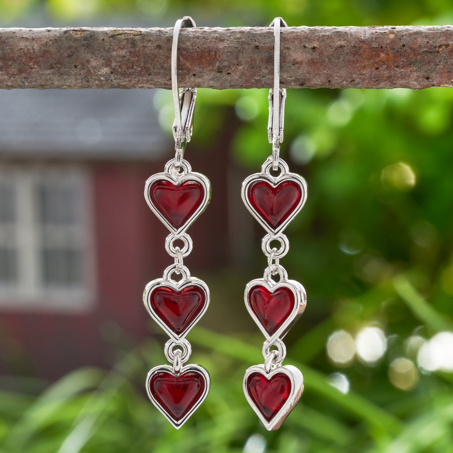 Dangling Red Heart Leverback Earrings